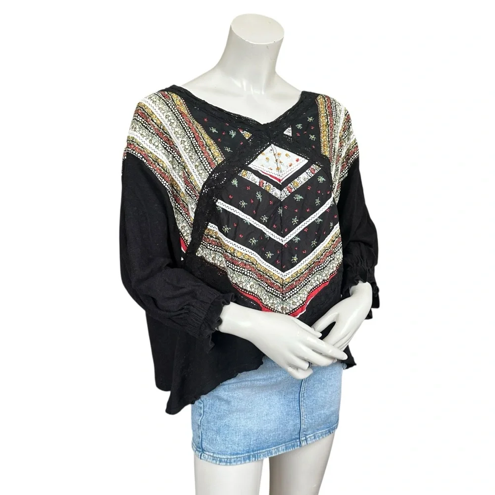 Free People Prairie Days Black & Floral Rustic Boho Linen Cotton Blouse Small